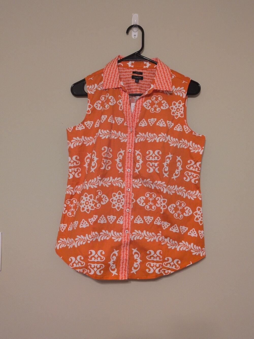 Talbots Womens Orange White Medallion Non-Iron Sleeveless Button Up Blouse 6